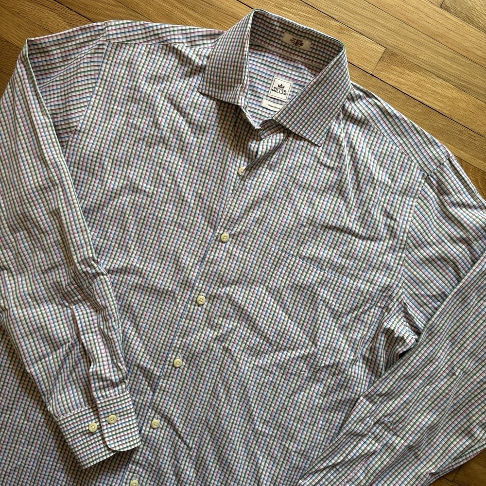 Peter Millar Long Sleeve Dress Shirt Men's‎ M Plaid 100% Cotton Multicolor Cream